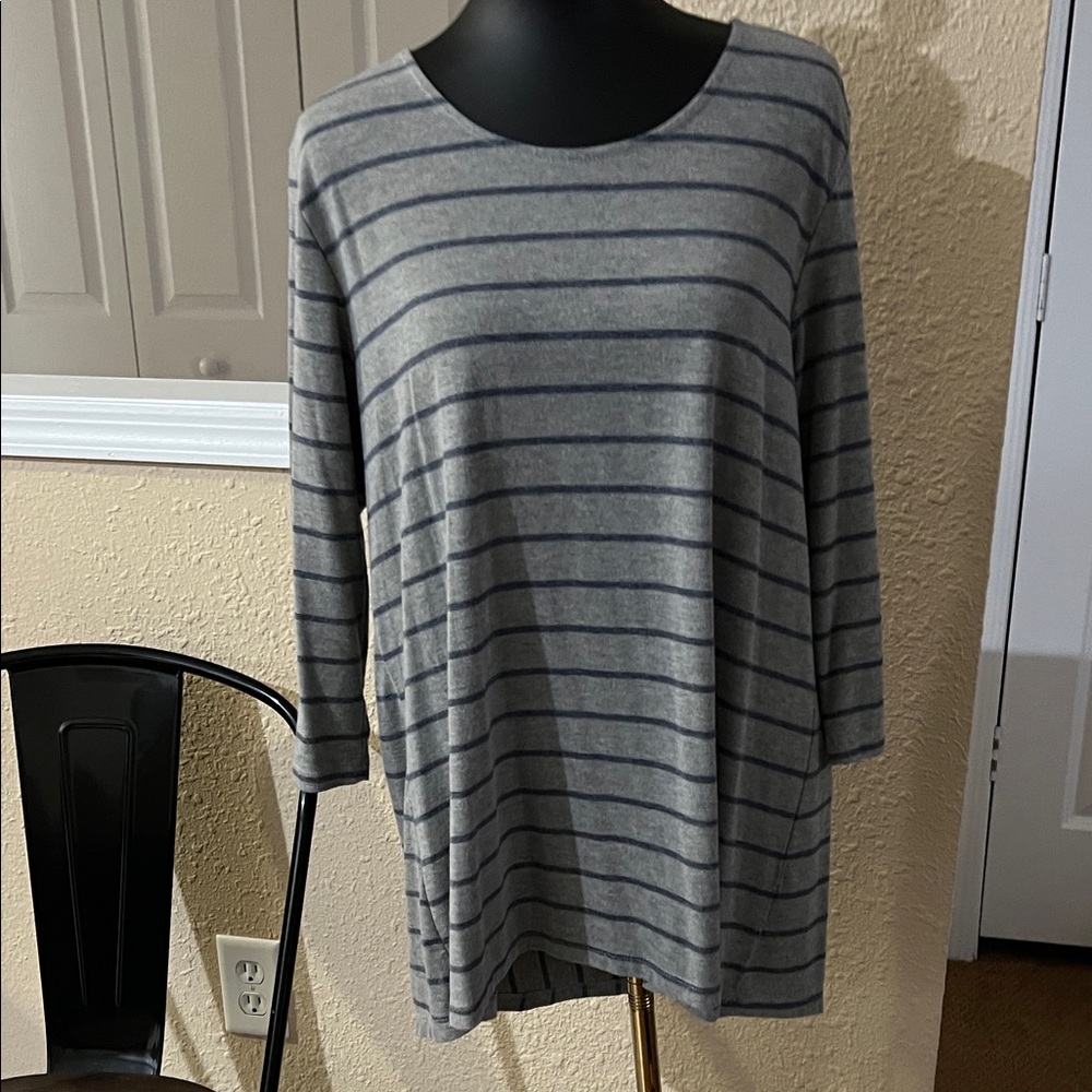 Three Hearts Gray and Blue Striped Long Sleeve Top